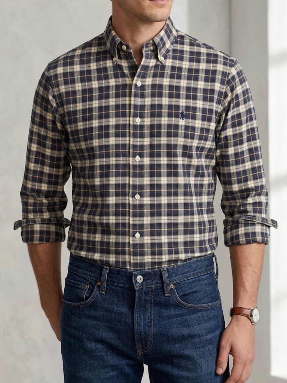 Ralph Lauren Mens L Plaid Button-Up Shirt Tartan Navy Tan Cotton Preppy Heritage